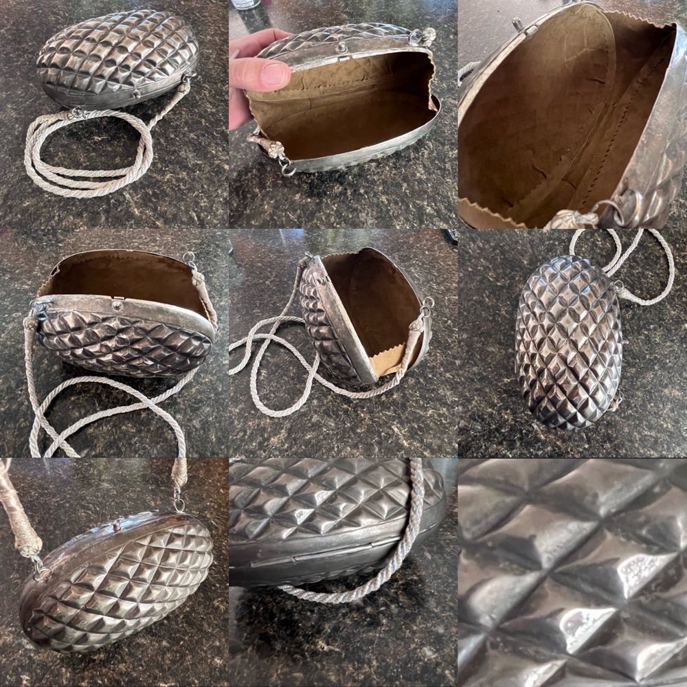 👄 Sterling Silver Button Clasp Pineapple Clutch / Purse Lined with Suede VTG